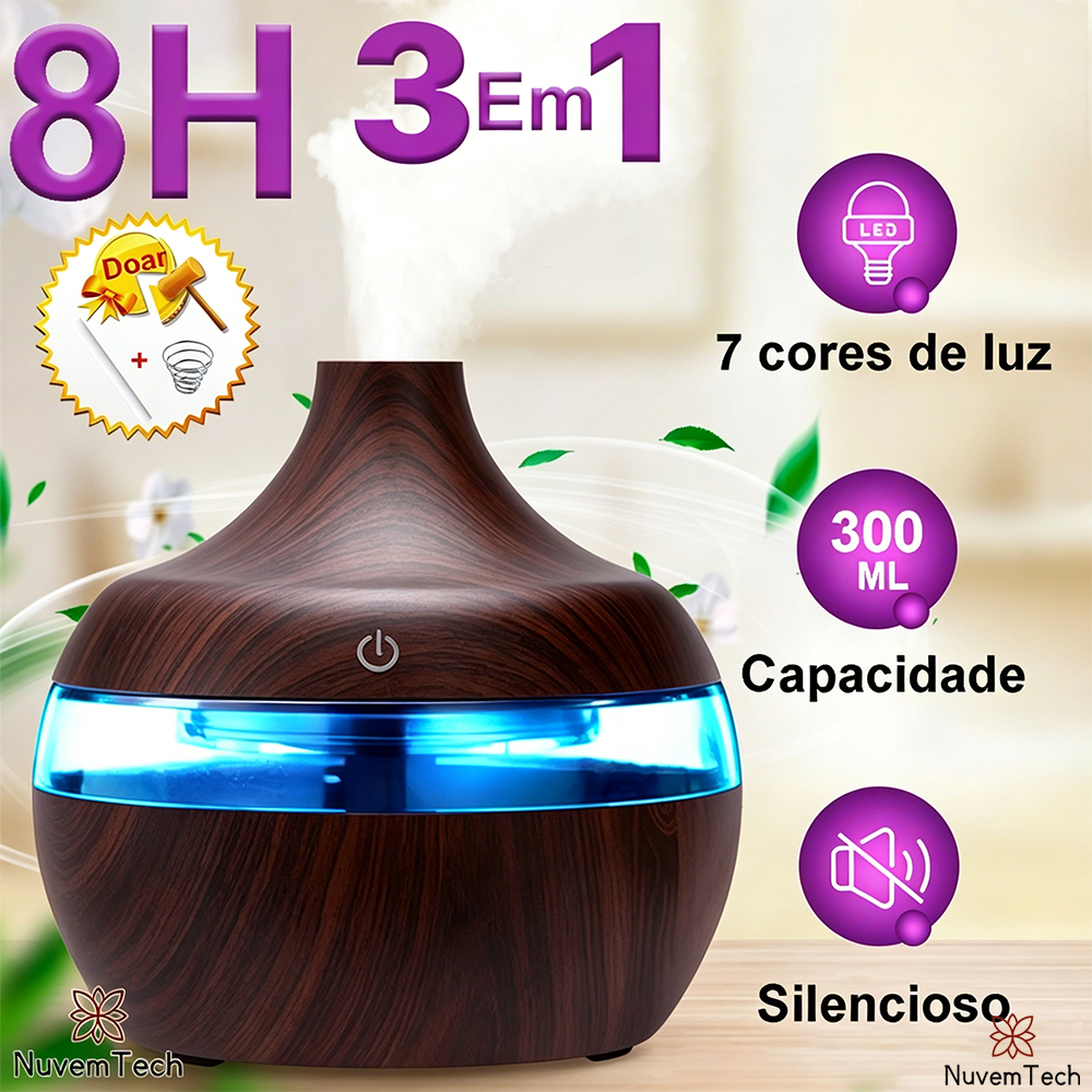 Umidificador De Ar Difusor Aromatizador De Ambiente 300ml Ultrassônico USB Madeira Purificador De Aromas Com Luz LED