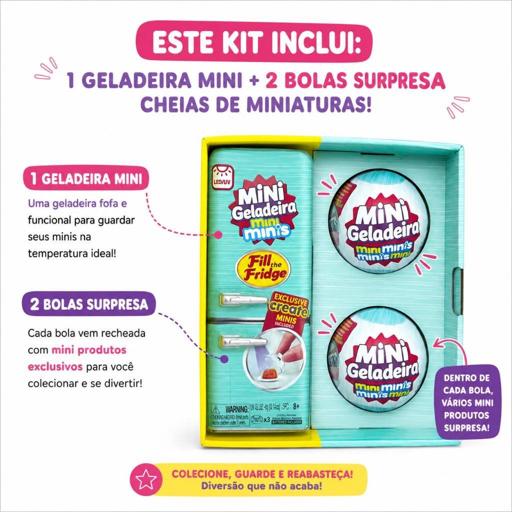 Mini Geladeira Mini Brands Com 2 Bolas Surpresa + Luz LED/UV Geladeira Colecionável Com Miniaturas Realistas