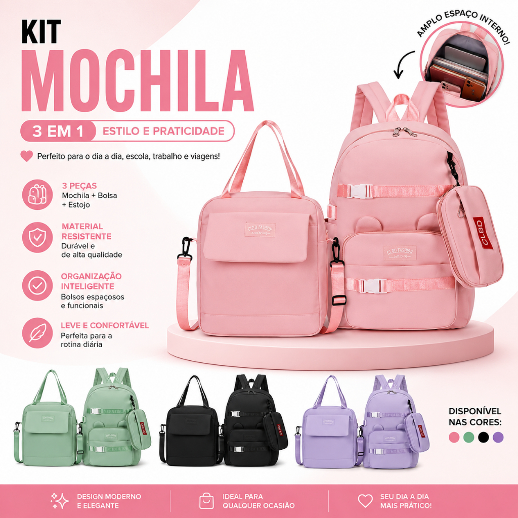 Kit 3 Bolsas Mochila + Bolsa  + Estojo em Nylon Escolar Volta as Aulas
