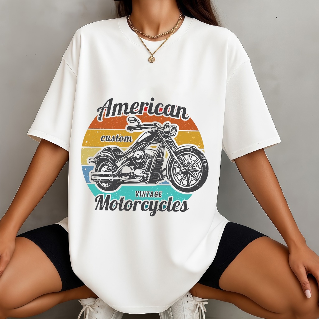 Camiseta Oversized Estampa Moto Custom Retro, Camiseta Algodão para Amantes de Motocicleta Tamanhos Grandes até G3