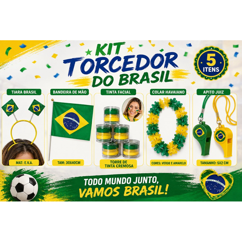 Kit Torcedor Do Brasil Com 5 Itens | Apetrechos, Copa Do Mundo, Seleção Brasileira, Torcedora, Jogos