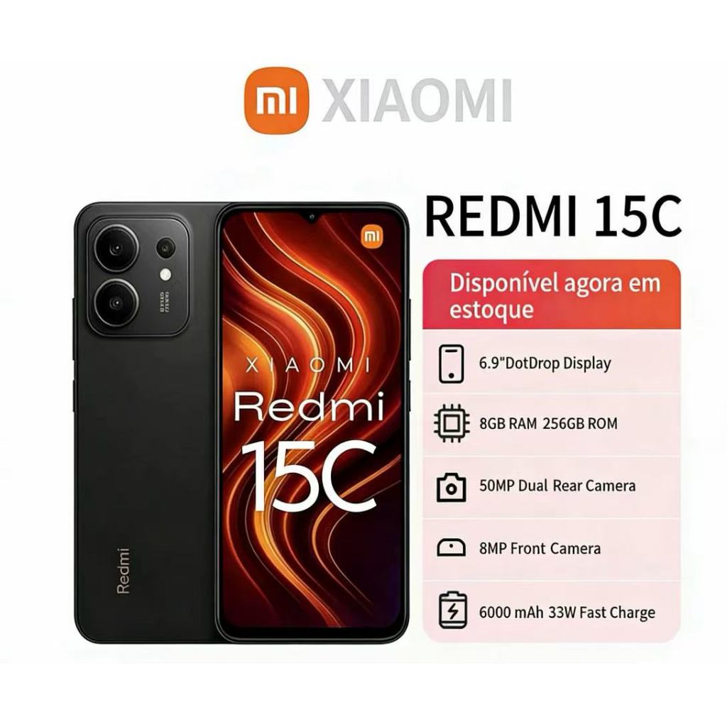 Celular Redmi 15C 4G, 256GB 8GB,Câmera 50MP, Bateria 6000mAh, Proteção IP64,SIM