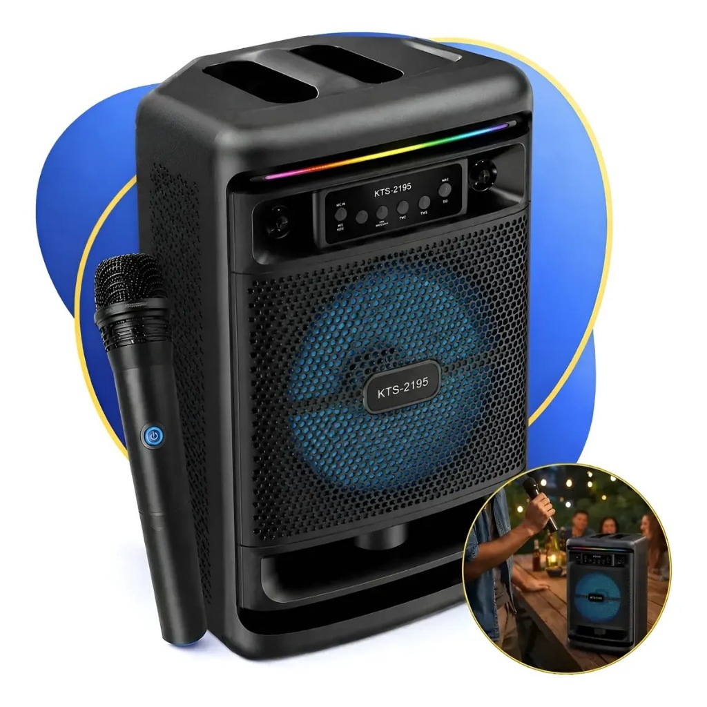 Caixa de Som Bluetooth 20W + Microfone Sem Fio Karaokê, LED, FM, USB, Portátil