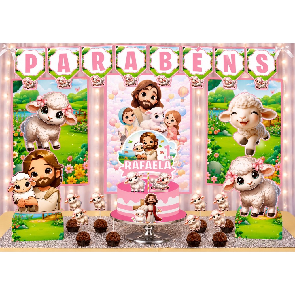 Kit Festa Religioso Ovelhinha de Jesus Rosa Só um Bolinho Mesversário