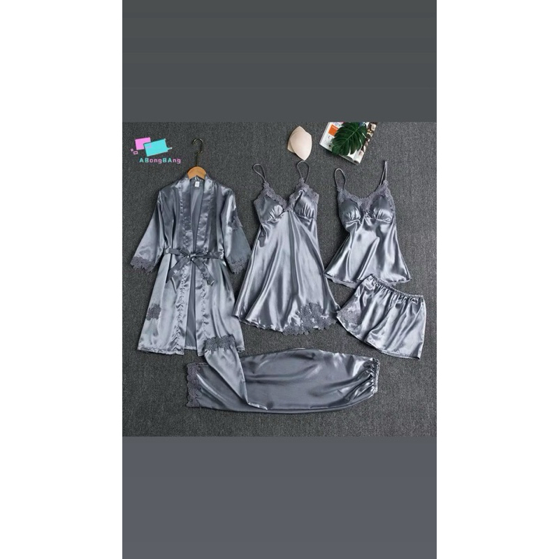 Robe De Seda Para Dormir , Pijama Feminino De Cetim Com Renda 5  pecas E Decote Em V , Camisola De Primavera
