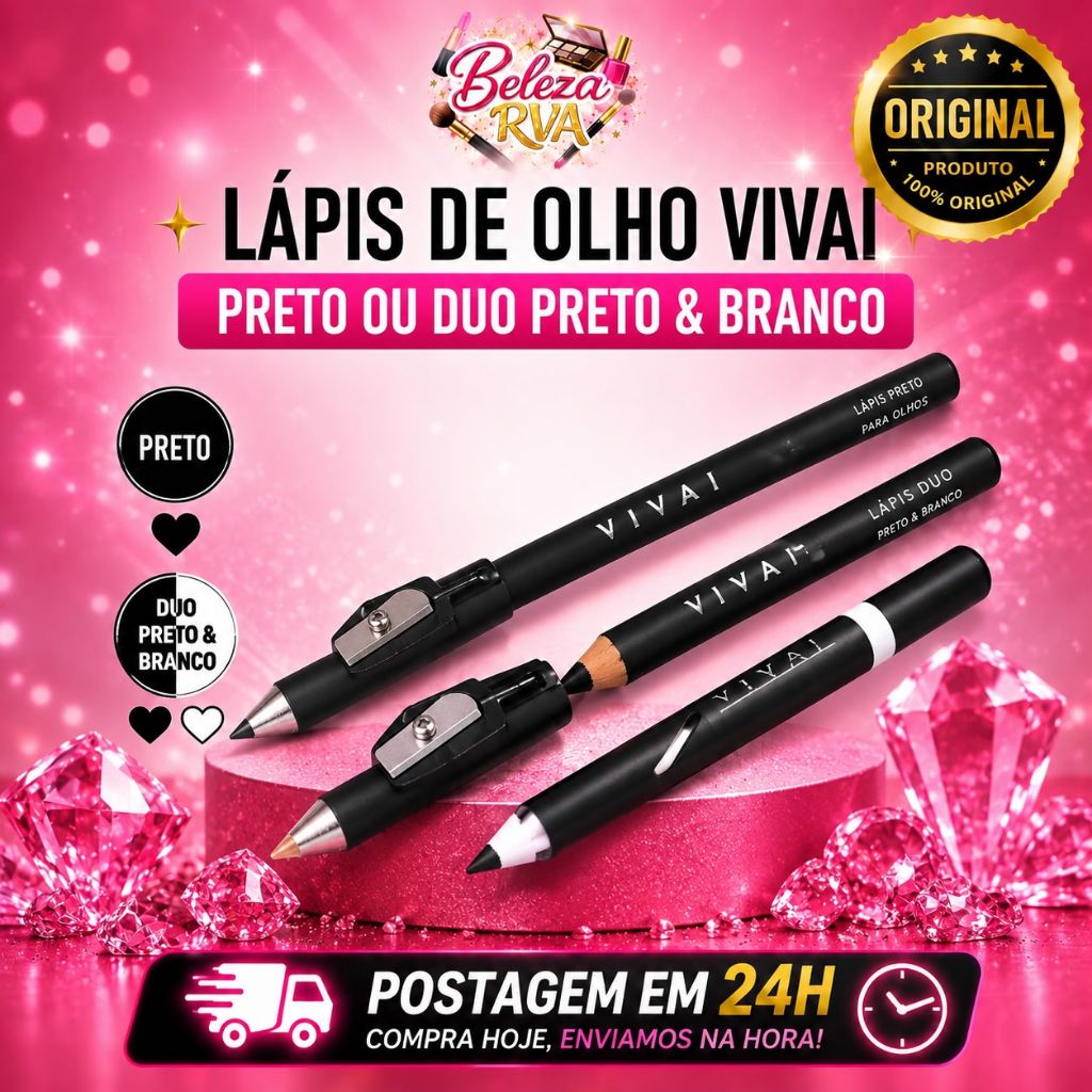 Lápis para Olho Preto ou Preto e Branco (DUO) com Apontador - Alta Pigmentação - Kit 1/3/6 Unidades