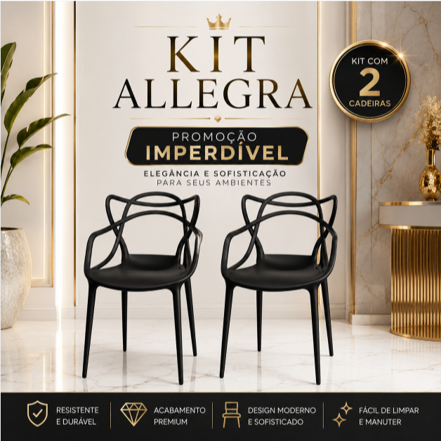 Kit 2 Cadeiras Allegra Pretas Para Sala de Jantar Moderna Área Gourmet Escritório Recepção Design Sofisticado