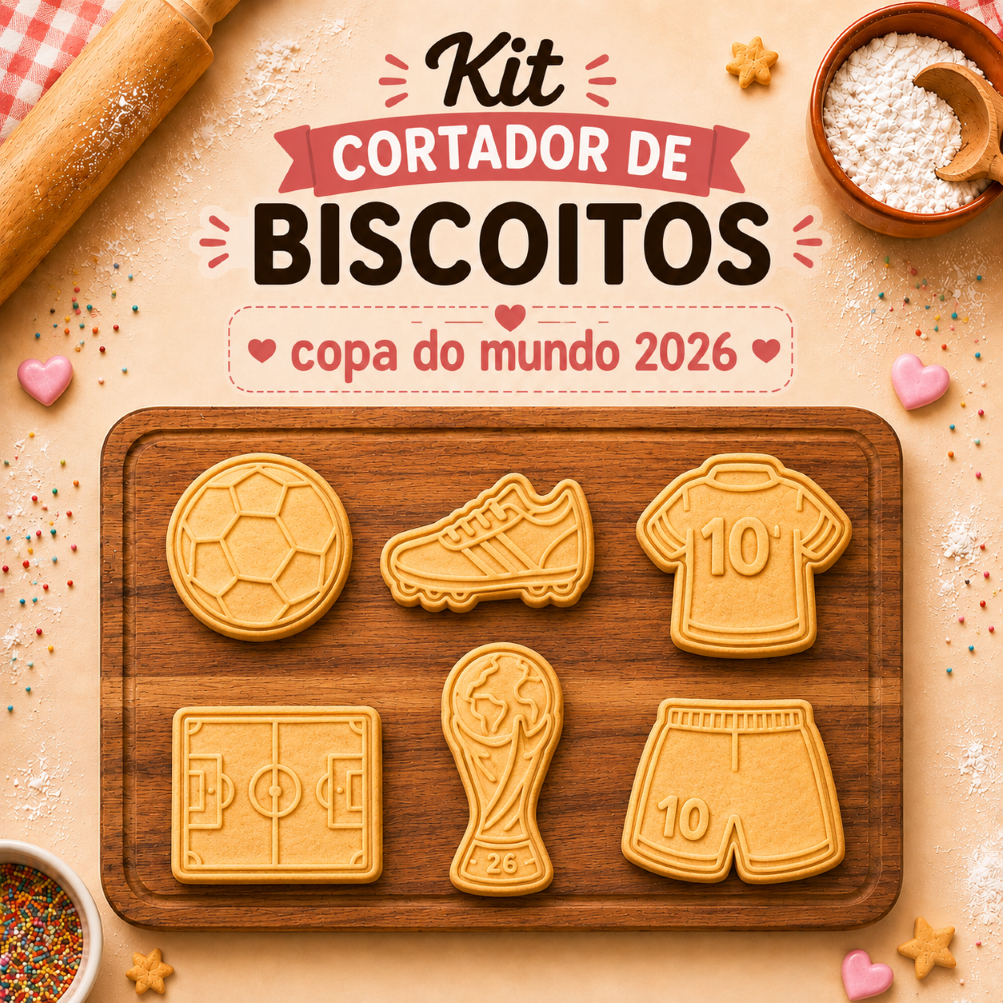 Kit 6 Cortadores e Marcadores Copa do Mundo 2026 Biscoito Pasta Americana Detalhado