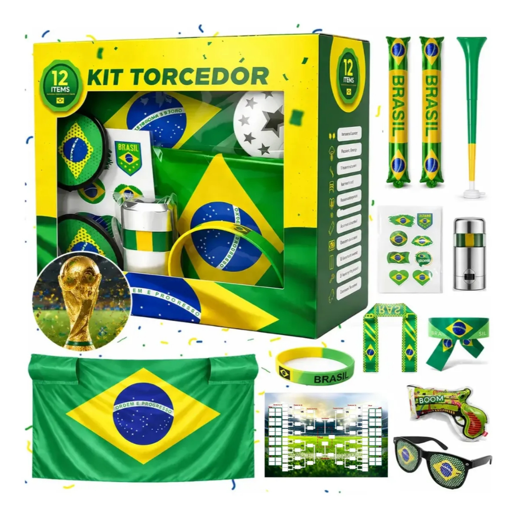 Kit Torcedor Brasil 12 Itens Copa 2026  Festa Futebol Adesivo Corneta Bandeira Oculos Brasil