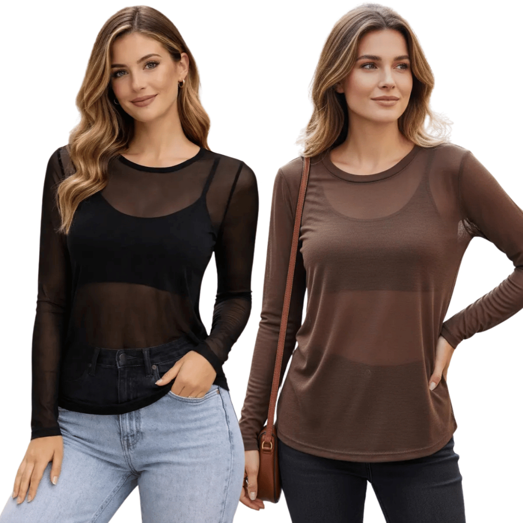 Kit 2 Blusas Blogueira Feminina Transparente Tule Manga Comprida Camiseta Treino Fitness