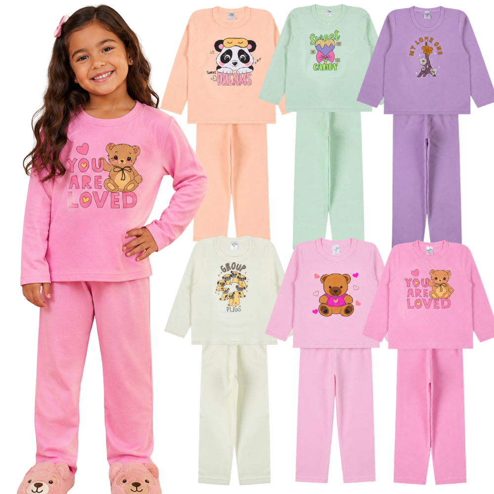 Pijama Infantil Moletom Feminino Peluciado Manga Longa Inverno Menina Algodão Conforto