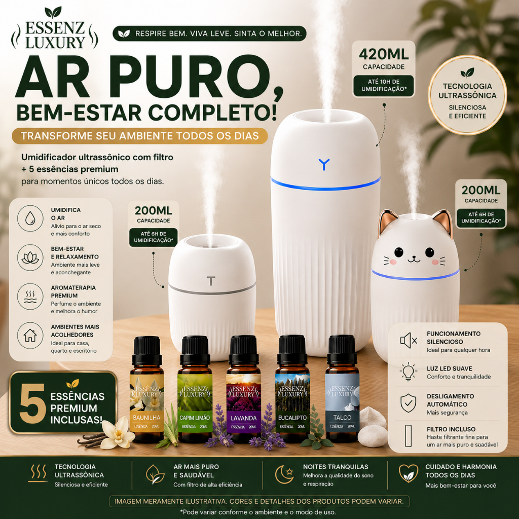 KIT 5 ESSÊNCIAS 20ML + UMIDIFICADOR | GRANDE | PEQUENO | GATINHO FOFINHO - PERFUME QUALQUER AMBIENTE