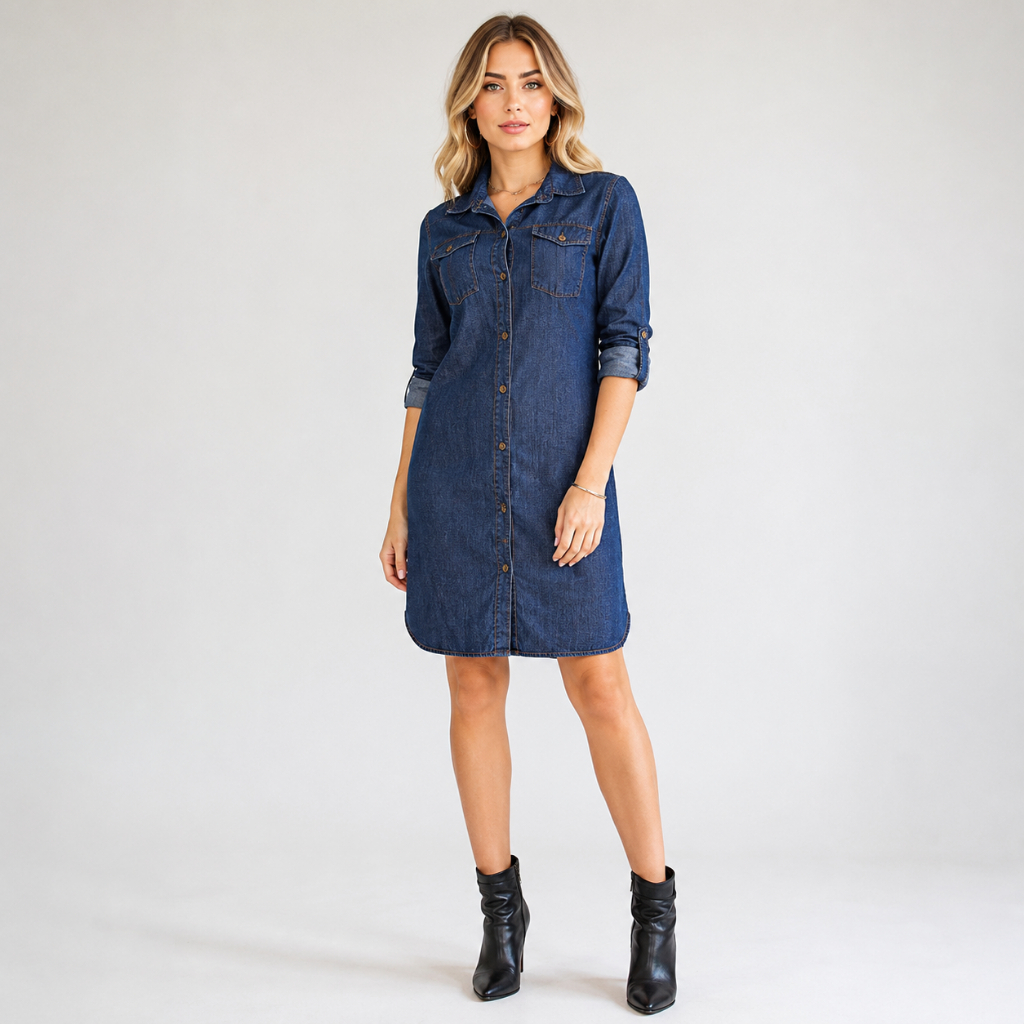 Chamise Jeans Feminina Elegante Moda Evangélica Vestido Jeans Midi Estilo Camisa