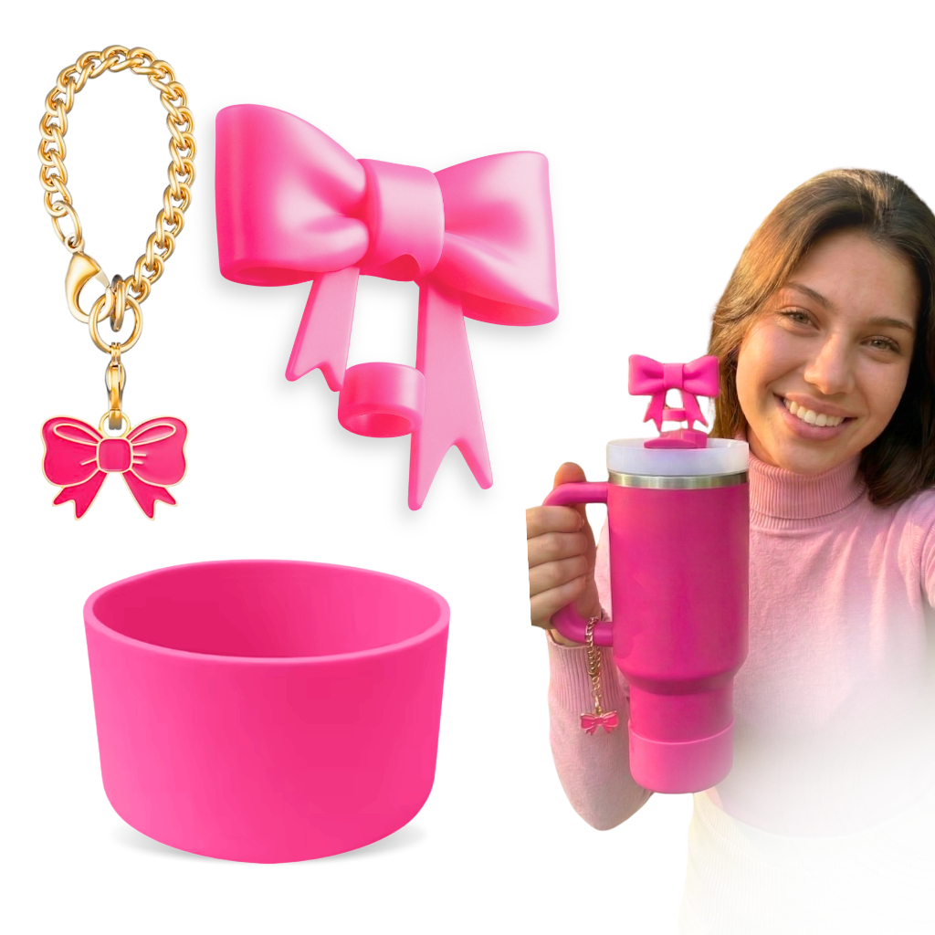 Kit 3 Acessórios para Copo Térmico de 1200ml Bota Protetora Laço e Pingente Decorativo Feminino