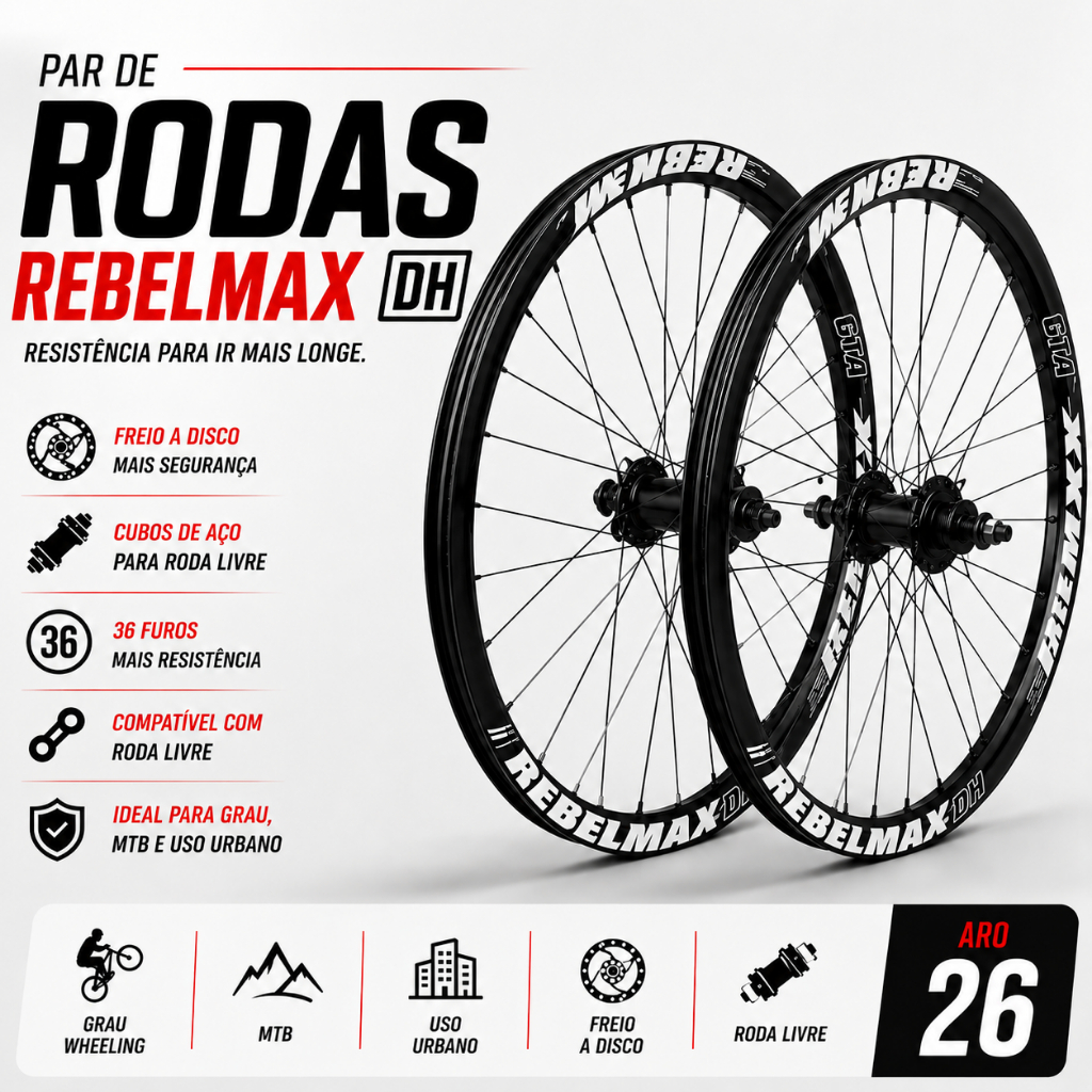 Par Roda Montada Aro 26 RebelMax DH Disco 36f Roda Livre MTB Grau Wheeling