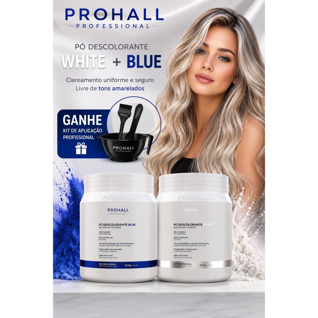 Prohall Kit Pó Descolorante Azul + Pó Descolorante Branco 2x500g