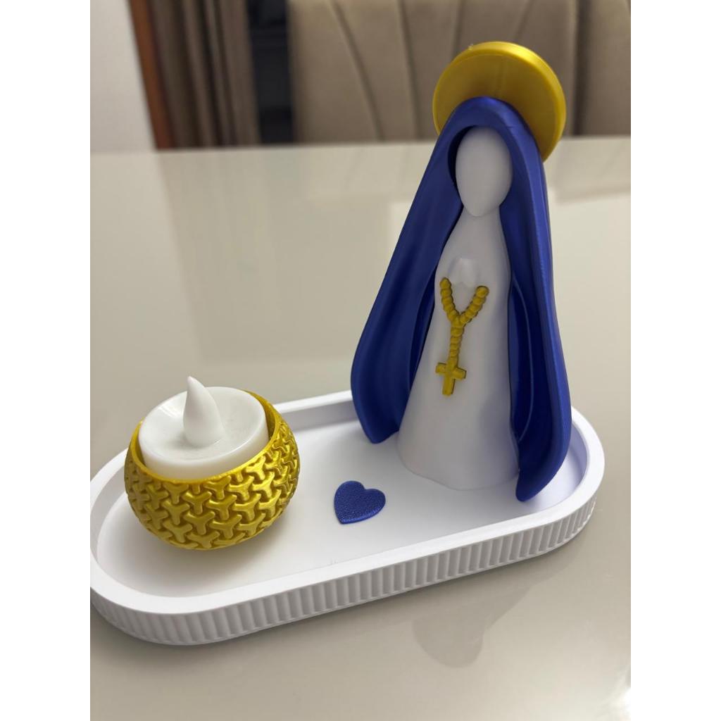 Nossa Senhora Aparecida Decorativa Impressa em 3D com Bandeja + Vela LED | Decoração Religiosa Católica | Presente de Fé
