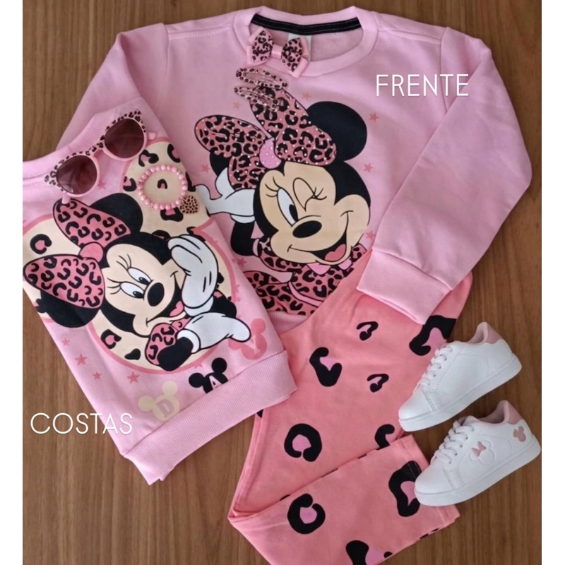 Conjunto Infantil Menina Minnie Oncinha Moletom Flanelado E Calça Legging 2 A 12 Anos