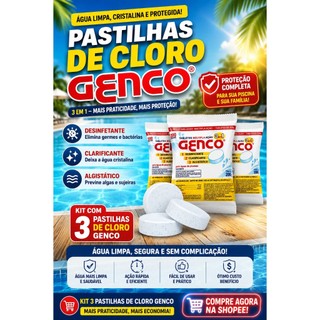Kit 3 Pastilhas De Cloro Genco Tratamento Piscina Água Cristalina