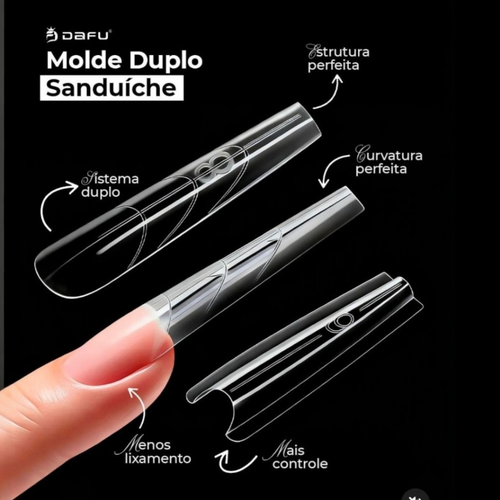 KIT Molde Sanduiche F1 Extensao Unhas Gel Poligel Bailarina Reutilizavel Curvatura C Dafu Tips Nails
