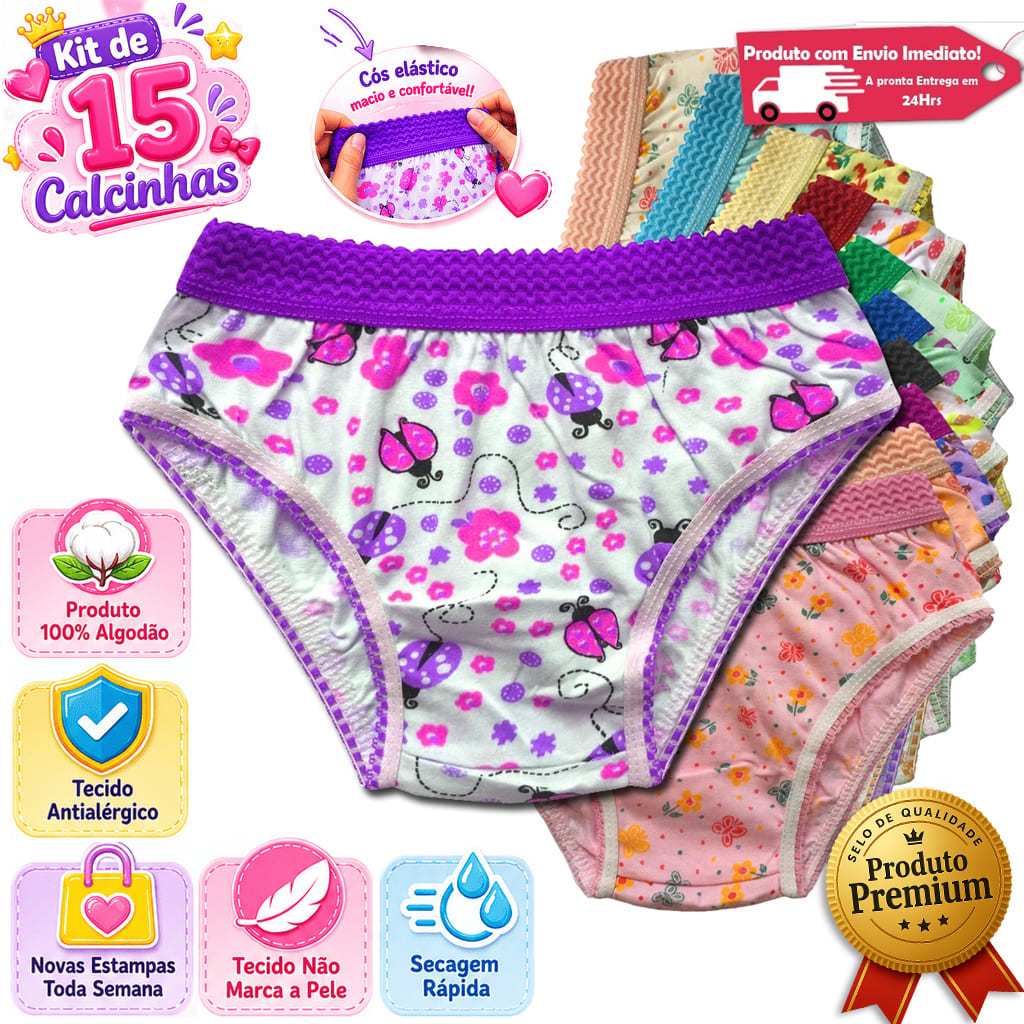 Kit 15 Calcinhas Infantil Algodão Estampada Cós Elástico Menina Revenda