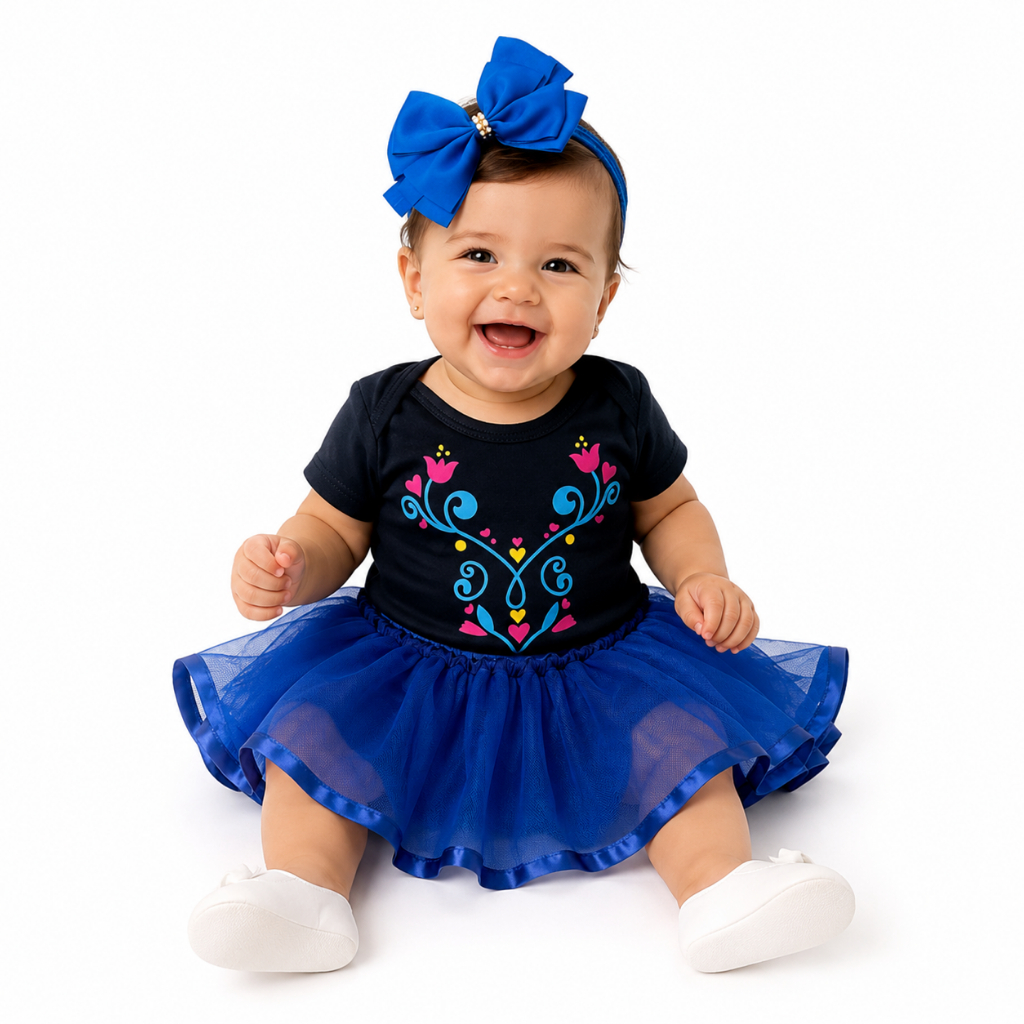 Kit Body Bebê Menina Frozen Elsa Ana + Saia Tule + Laço Mêsversário Ensaio Fotográfico