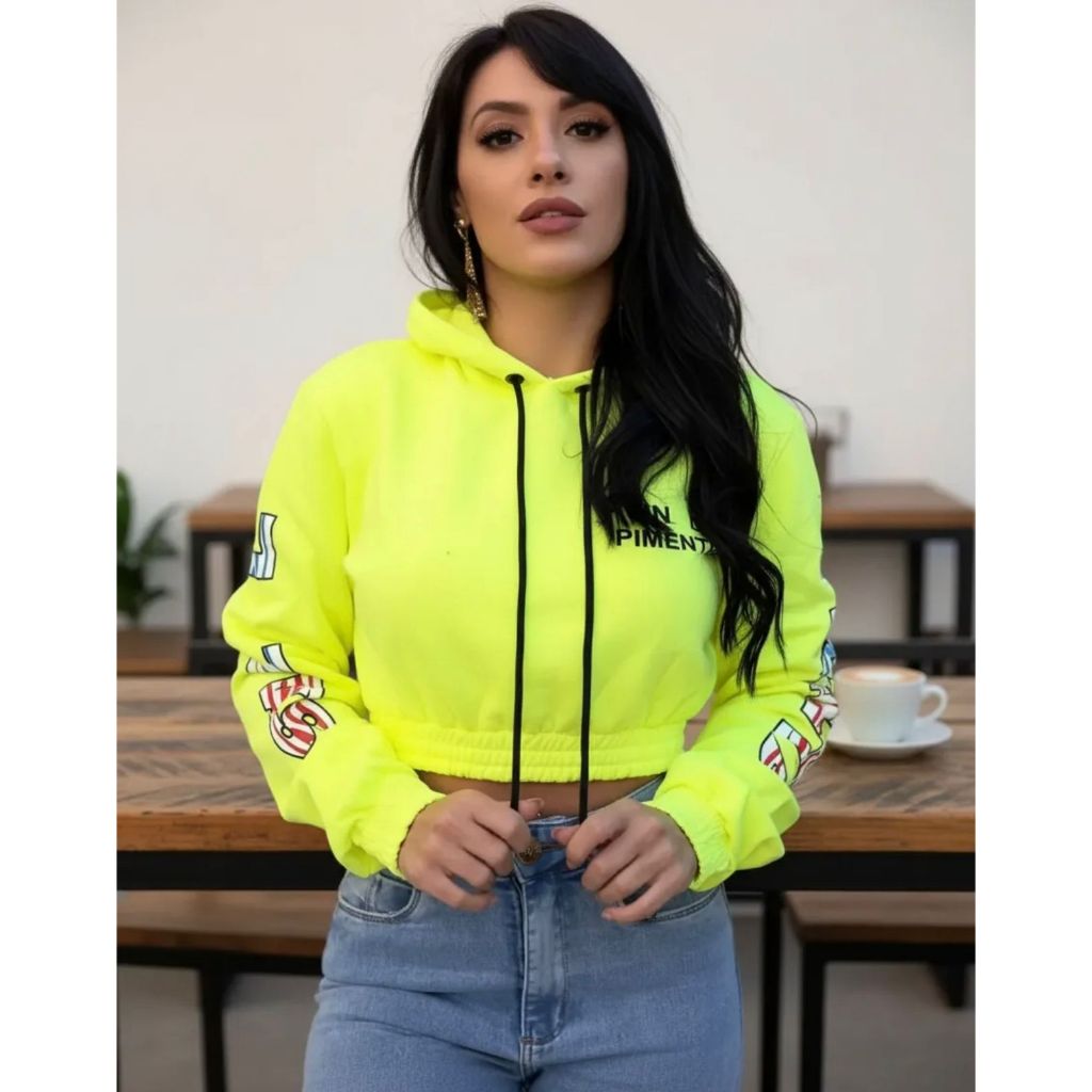 Moletom flanelado, Blusa, Cropped Feminino Sal E Pimenta Manga Longa com capuz Original