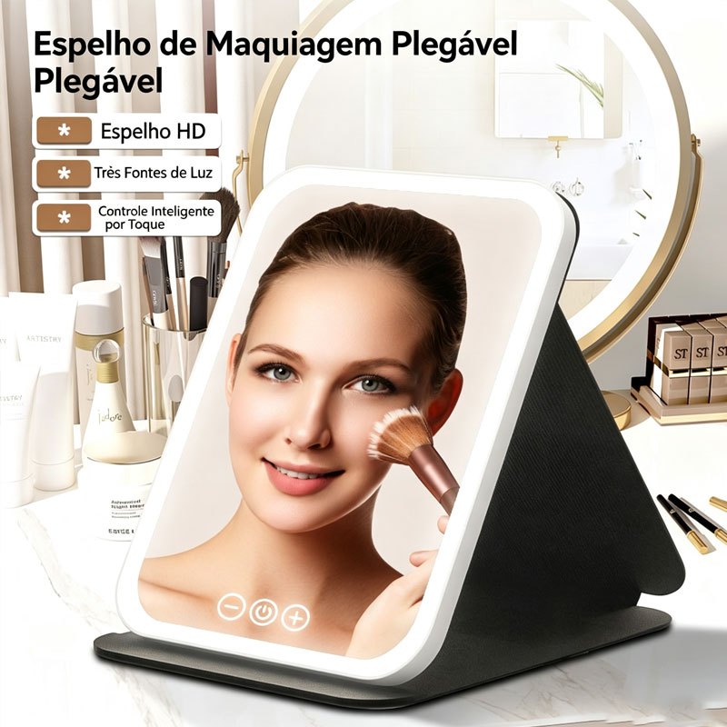 Espelho Decorativo Led Maquiagem Estética Recarregável com 3 Níveis de Luz, Portátil Dobrável