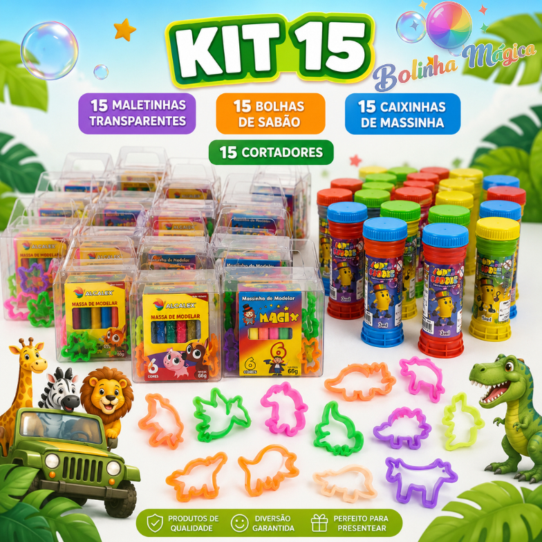 Kit 15 (Maletinha + Bolha Sabao+ Cortadores Forminha+ Massinha Modelar) Infantil