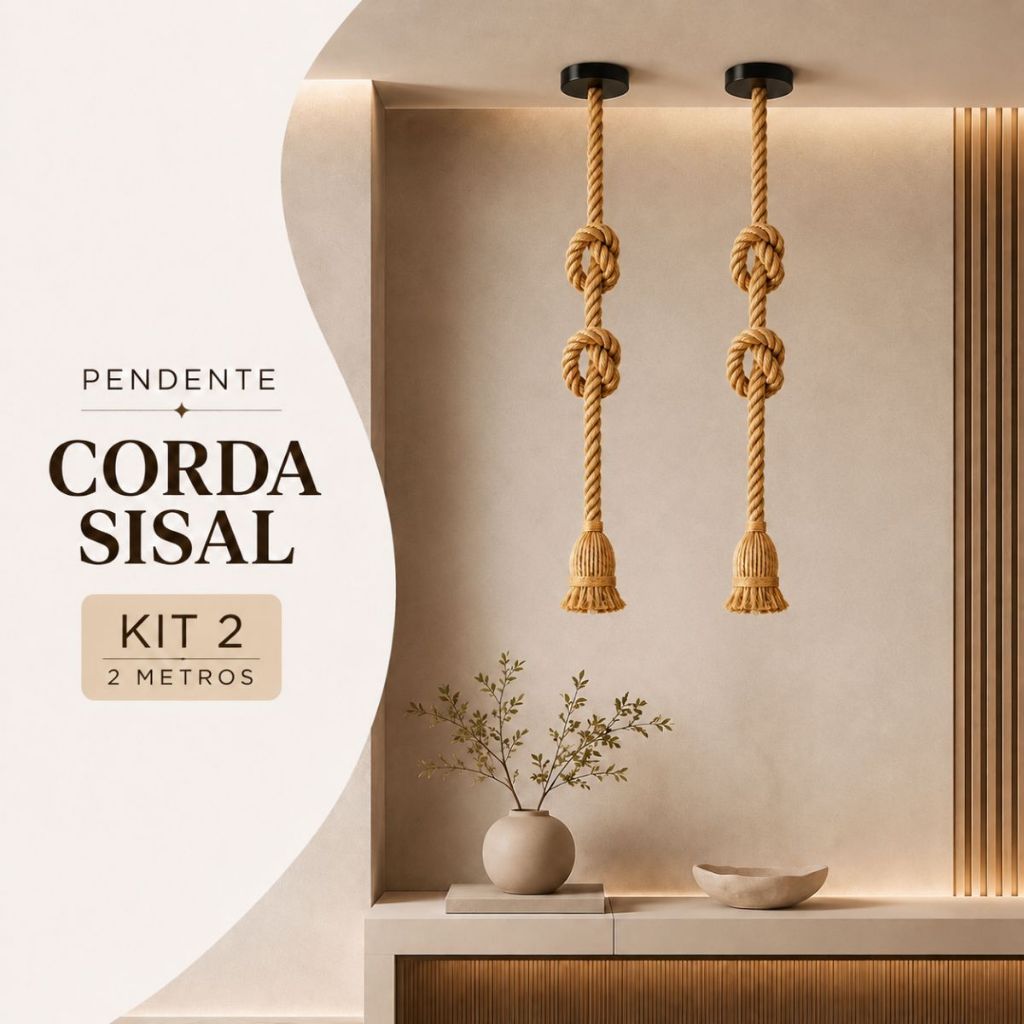 Kit 2 Pendente Luminária Corda 2 Metros Bivolt 110v/220v Retro Vintage Rústico Decorativo E27 Sisal