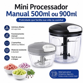 Mini Processador Manual 500ml ou 900ml Picador Triturador de Alimentos 3 ou 5 Lâminas Ino…