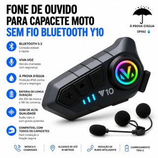 Fone De Ouvido Para Capacete Moto Sem Fio Bluetooth Y10 À Prova D’Água Intercomunicador C…