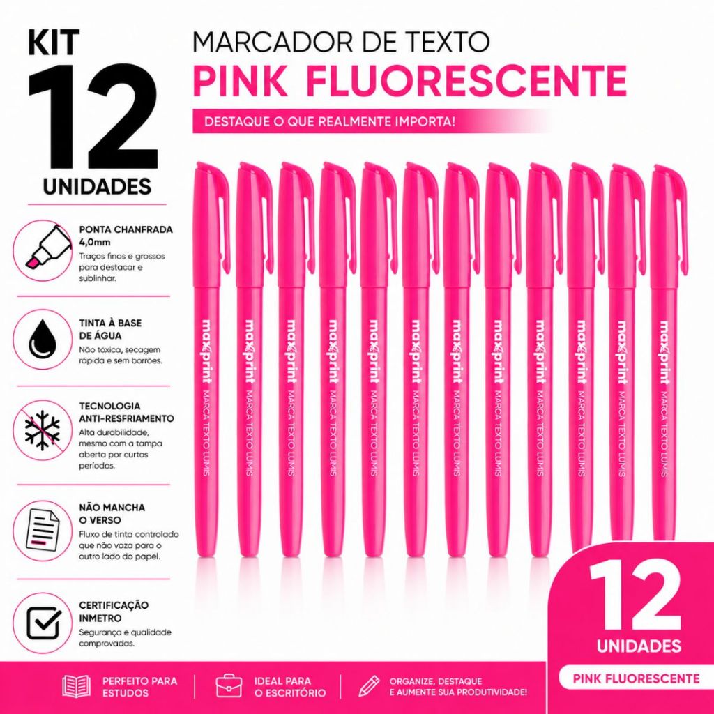 12 Unidades Marcador De Texto Maxprint Caneta Colorida Rosa Pink Neon Vibrante Nao Borra Papel Ideal Concursos Faculdade