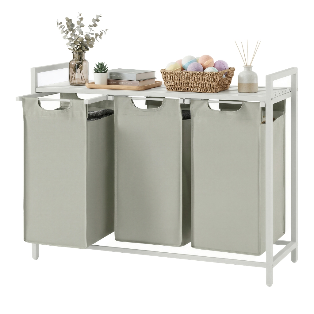 SONGMICS Cesto de roupa suja triplo com sacos removíveis, prateleira metálica, 3×40L, Branco Creme e Branco Nuvem