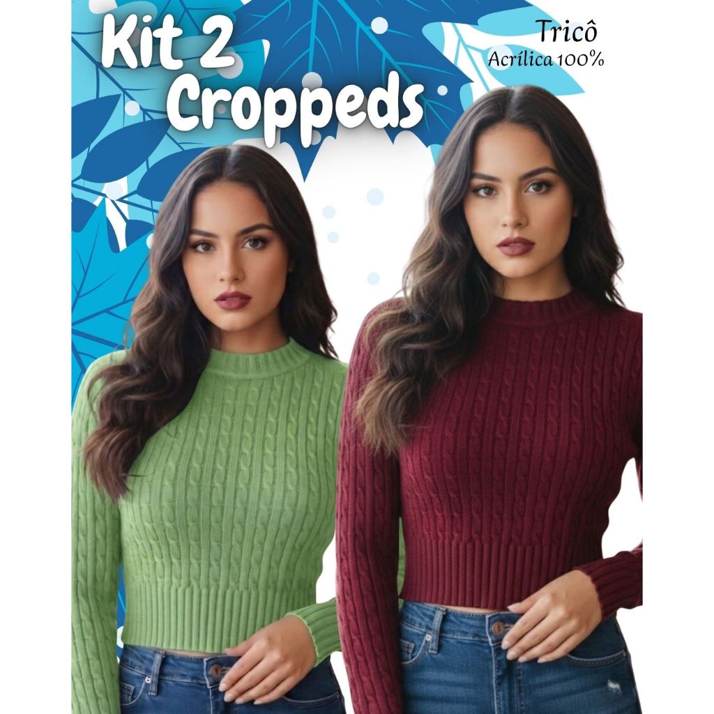 Kit 2 Croppeds Feminino Tricô Textura Trançada Manga Longa Canelado Tricot Moda Outono Inverno