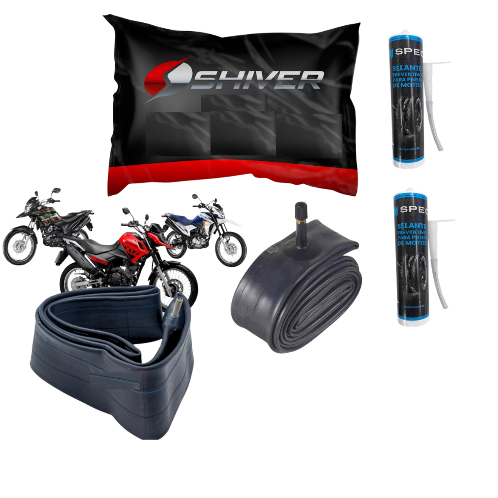 Kit 2 Camaras De Ar Moto Shiver Aro 17 e 19 E 2 Selantes Antifuro 300ml Pneu Spec Bros 160 XRE 190 Crosser 150 e Outras