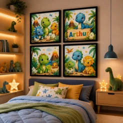 Kit 4 Quadros Decorativos Personalizados Dinossauro Baby Nome para Quarto Infantil