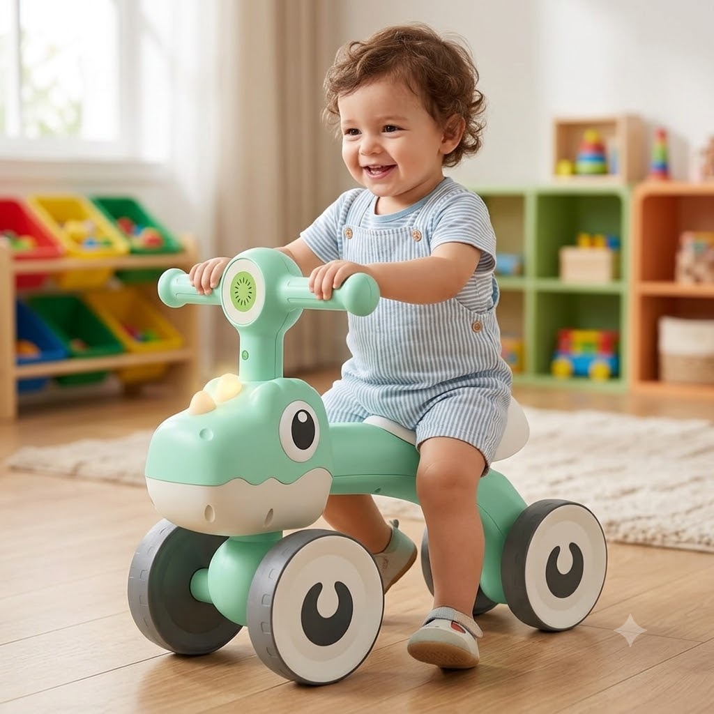 Bicicleta Quadriciclo Infantil Dino com Luzes LED 4 Rodas Bike Dino Verde Passeio Criança