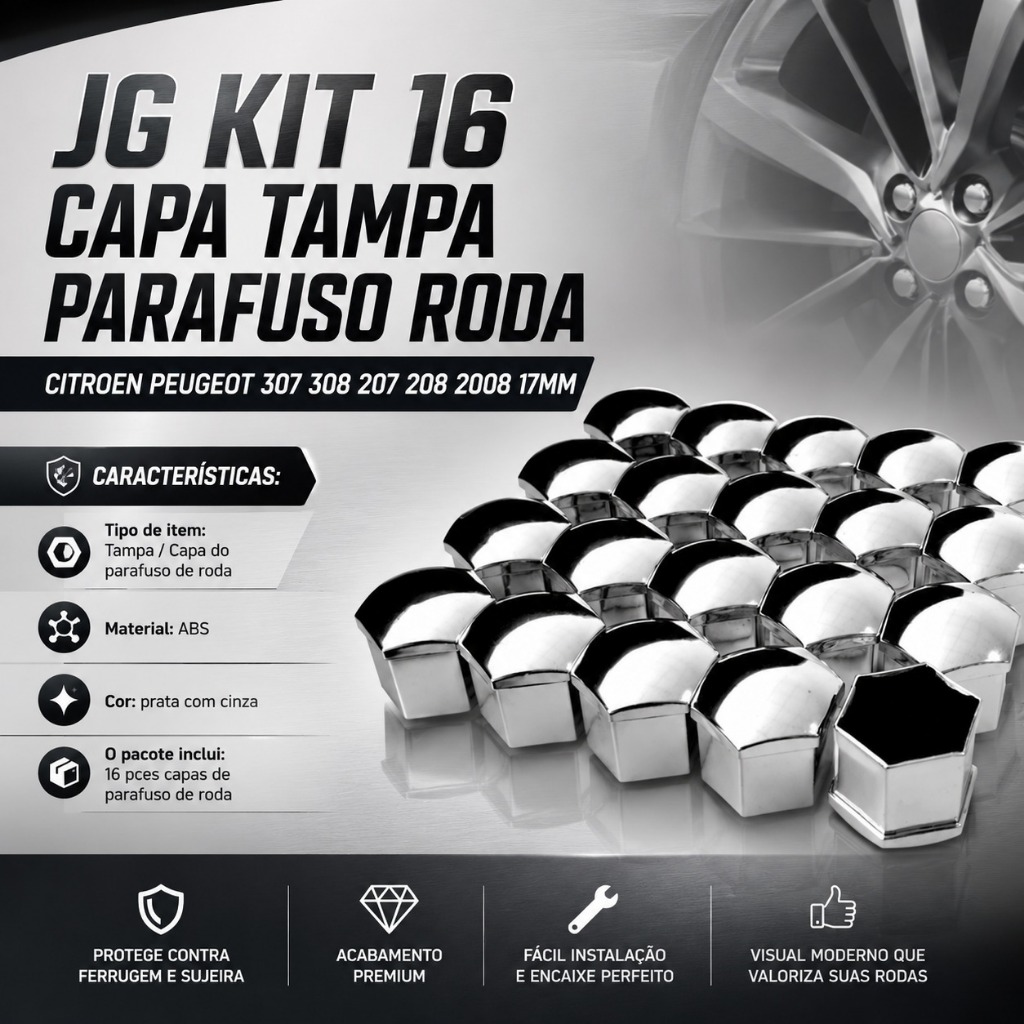 JG KIT 16 Capa Tampa Parafuso Roda Citroen Peugeot  307 308 207 208 2008 17mm