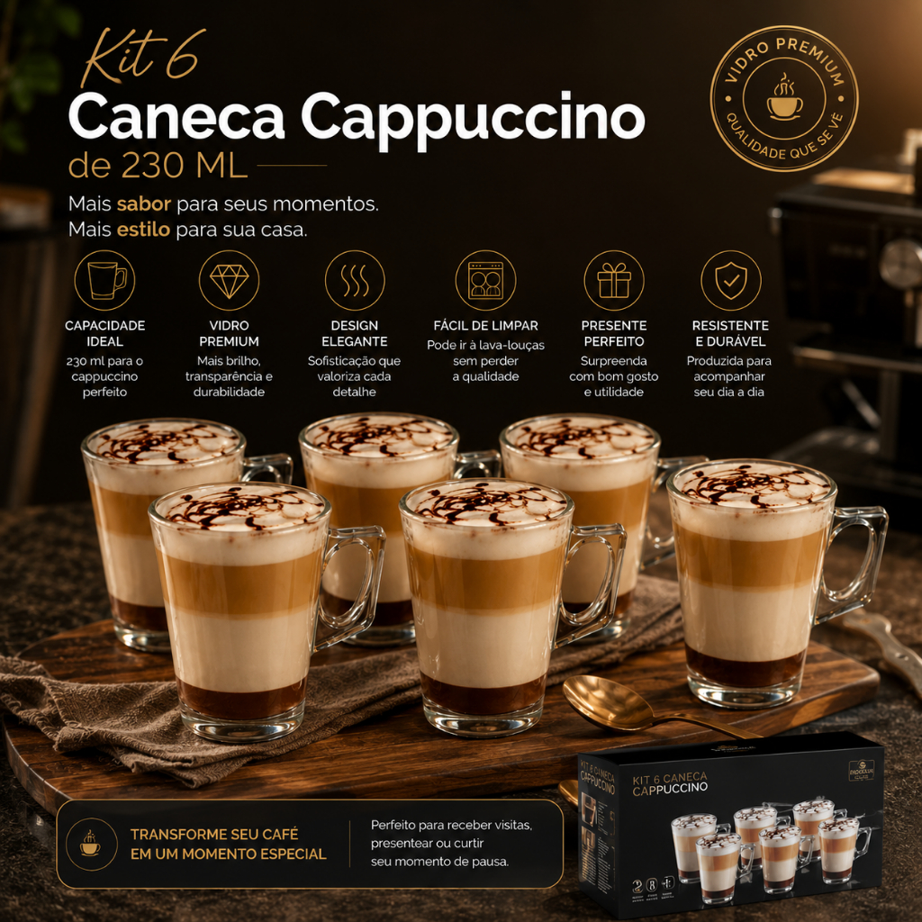 Jogo de 6 Xícara Caneca de Vidro 185 ml com Alça – Ideal para Café, Cappuccino e Latte ☕✨