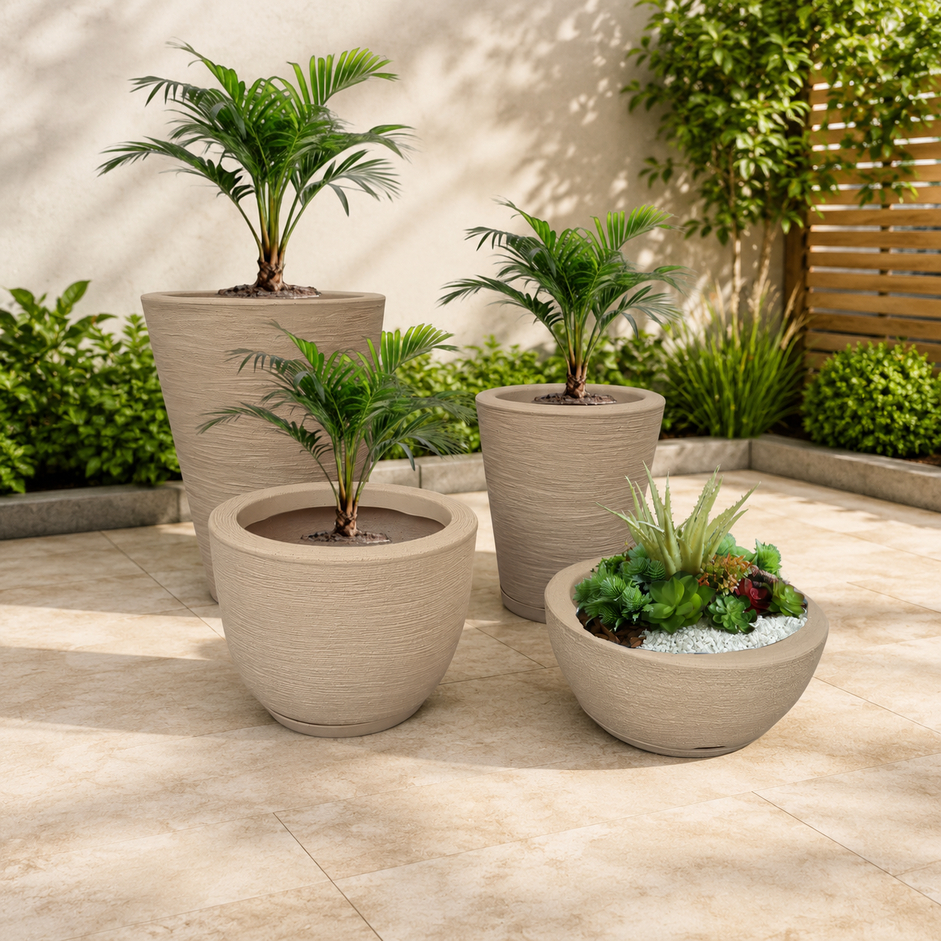 Kit 04 Vasos para Planta Flor Casa Jardim polietileno Texturizado Coluna Redonda com prato coletores