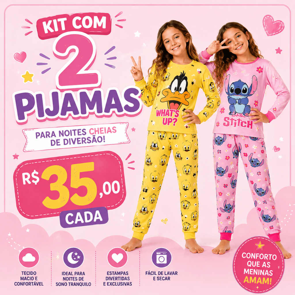 Kit 2 Pijamas Infantil Com Estampas de Personagens Para Menino e Menina Inverno - Brilha no Escuro Manga Longa Sortidos
