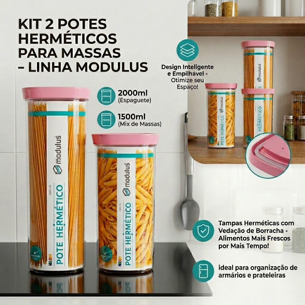 Kit pote hermético Pote espaguete e massas  -1500ml e 2000ml - Kit 2 potes porta mantimentos