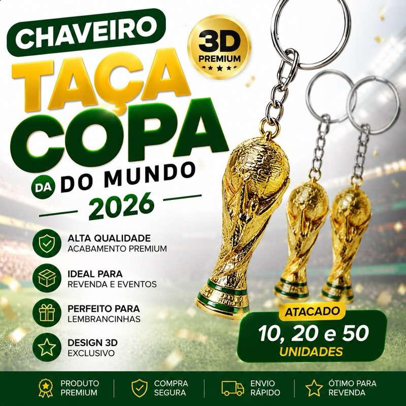 Chaveiro Taça Copa do Mundo 2026 Kit 10 20 50 Unidades