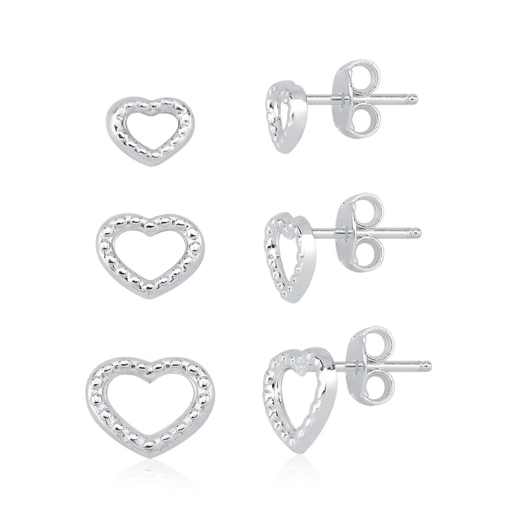 Trio de Brincos Feminino de Prata 925 Coração Vazado
