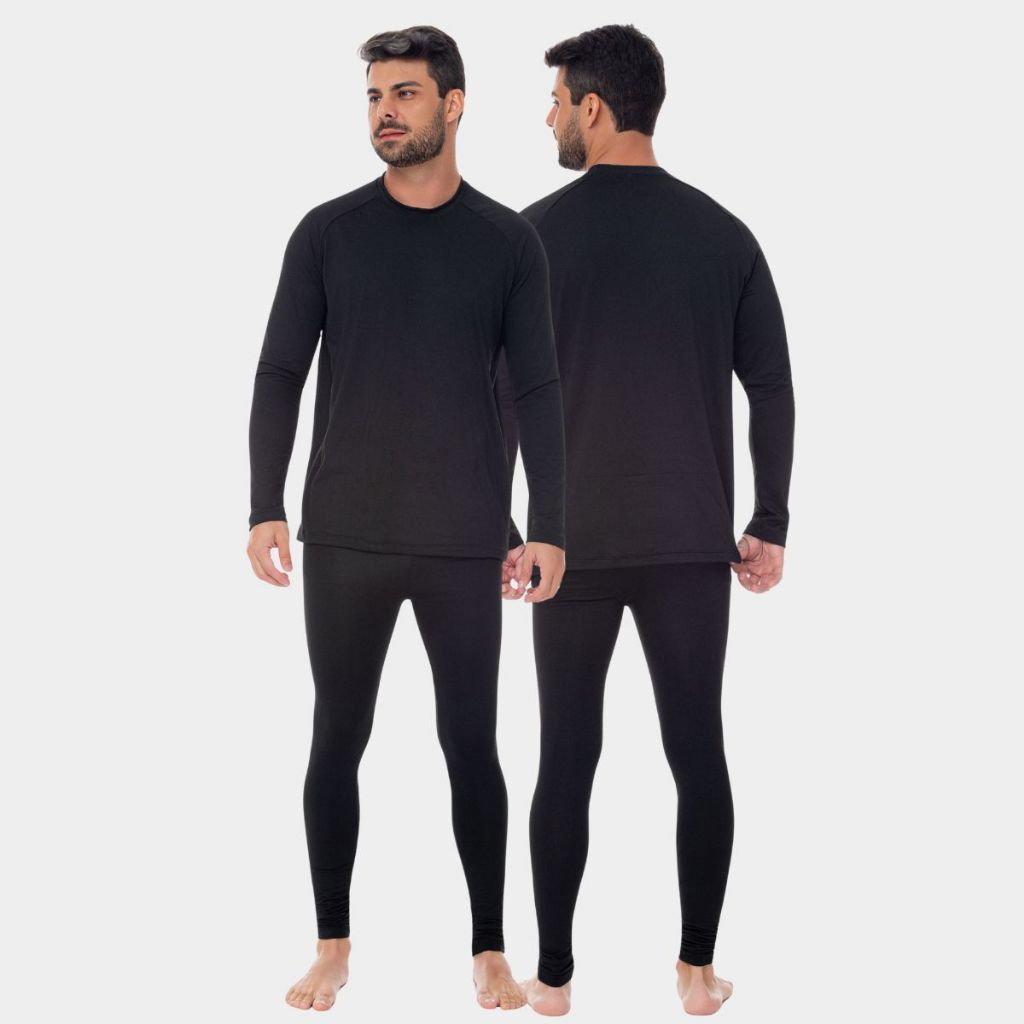 Conjunto Masculino Segunda Pele Térmica Blusa Calça Frio Intenso Inverno Ciclismo Corrida Preto