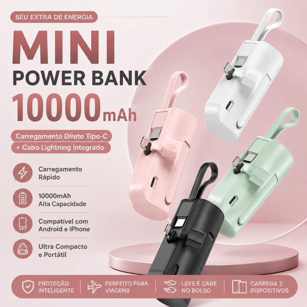 Carregador Mini Power Bank 1.0000mAh Sem Fio 2em1 Carregador Portatil para Tipo c e IPhone