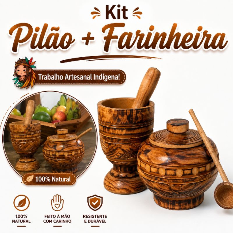 Kit Pilão Socador de Alho e Porta Tempero em Madeira Artesanal