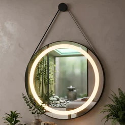 Espelho Redondo com LED 3 Cores Adnet com Moldura em Couro Jateado 40 a 80cm Touch Com Suporte