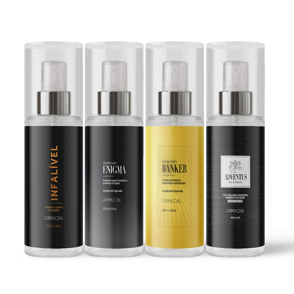KIT COM 4 BODY SPLASH MASCULINO INFALIVEL + ENIGMA + BANKER + ADVENTUS 200ML - PRIMACIAL PERFUME ESPECIADO AMADEIRADO